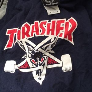 Blue, red and white trashed shirt